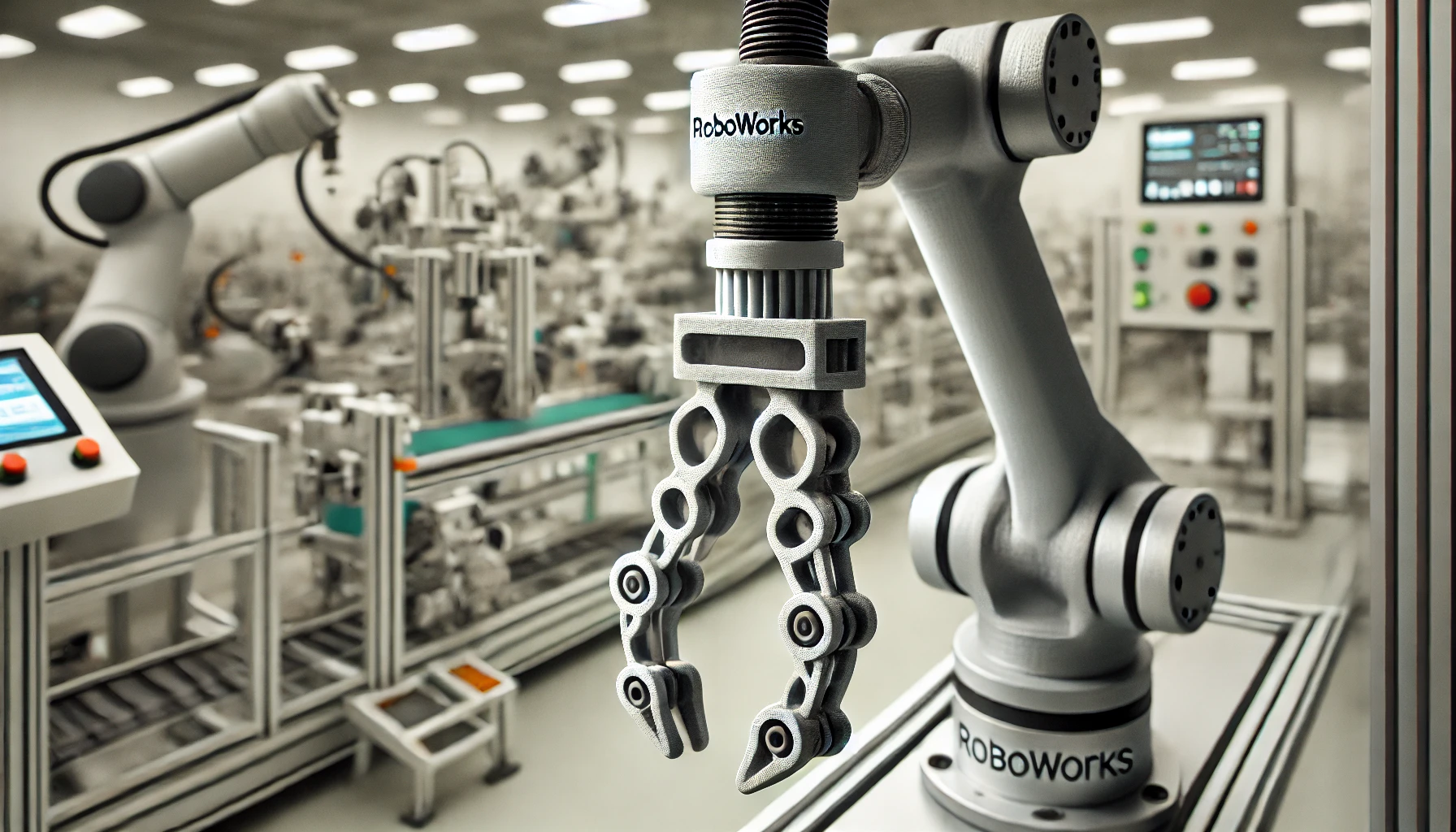 3D-gedruckter Greifer, der an einem Roboterarm von RoboWorks Engineering montiert ist